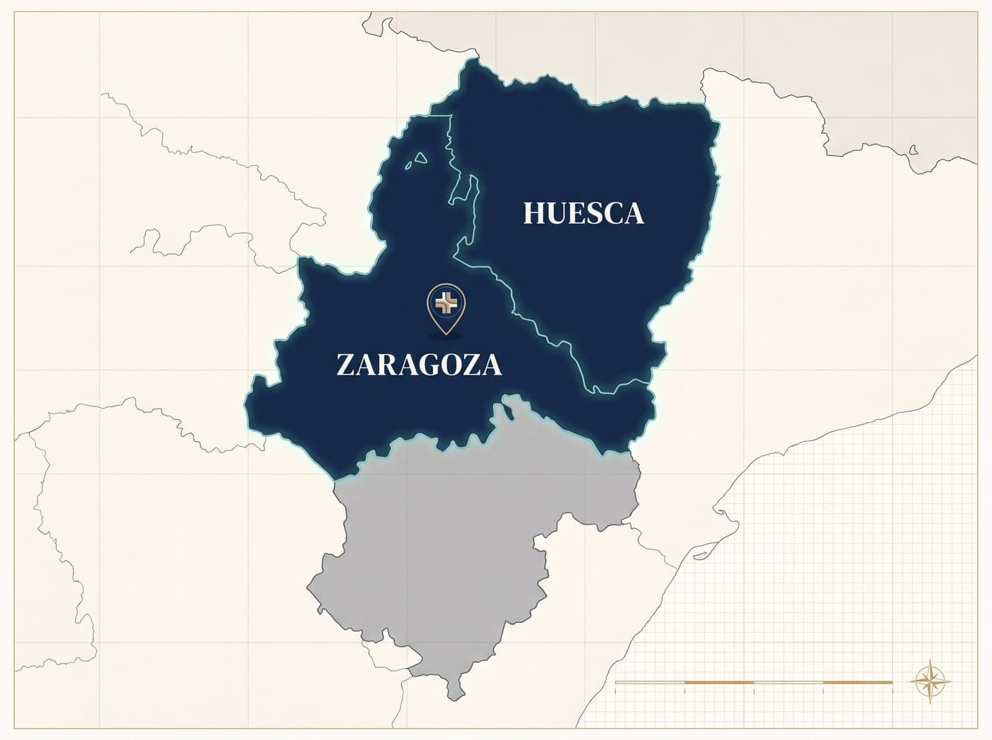 Mapa de Aragón con las provincias de Zaragoza y Huesca destacadas, zona de cobertura de Masquecurar